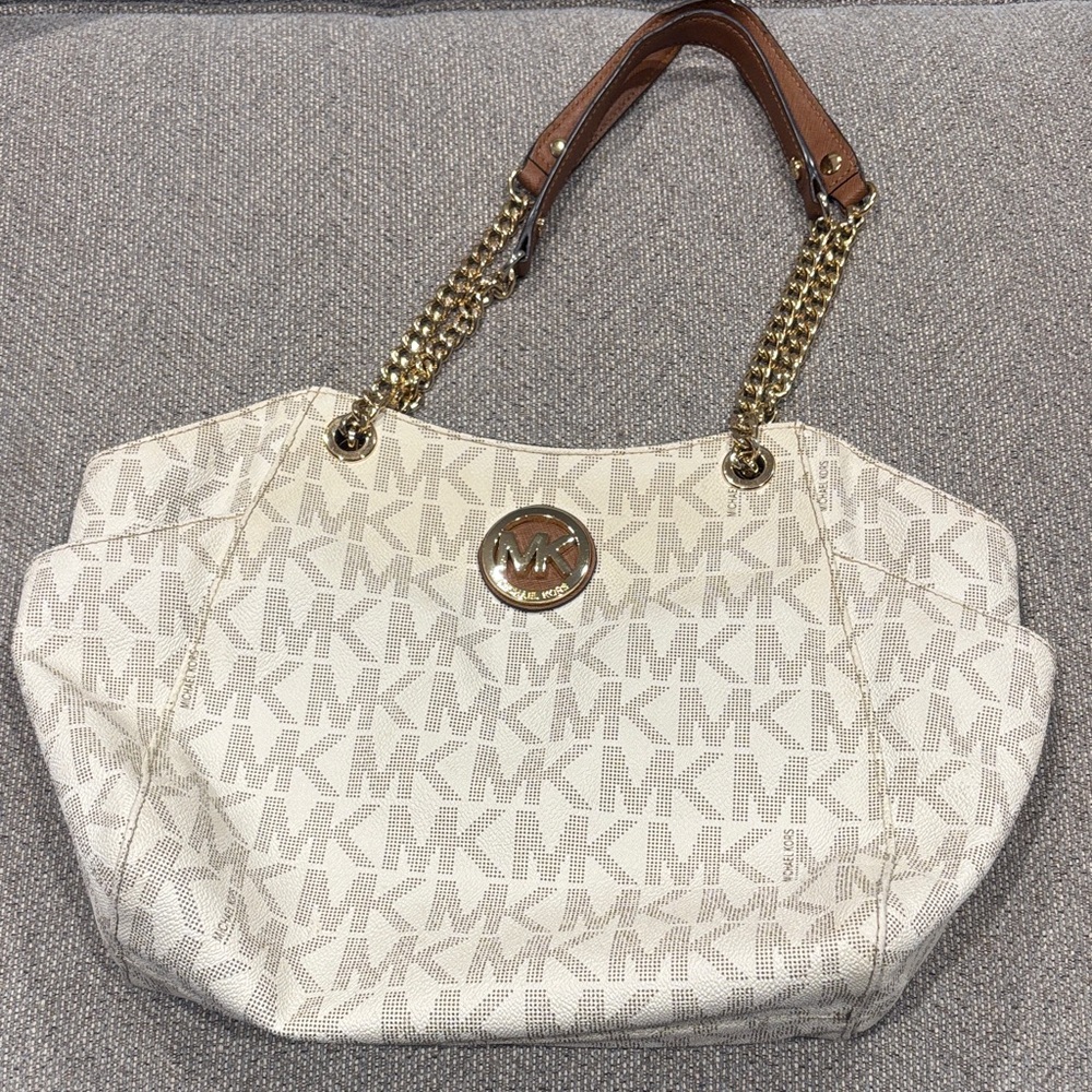 Michael Kors Cream Signature MK Logo Tote with Brown Leather & Gold Chain